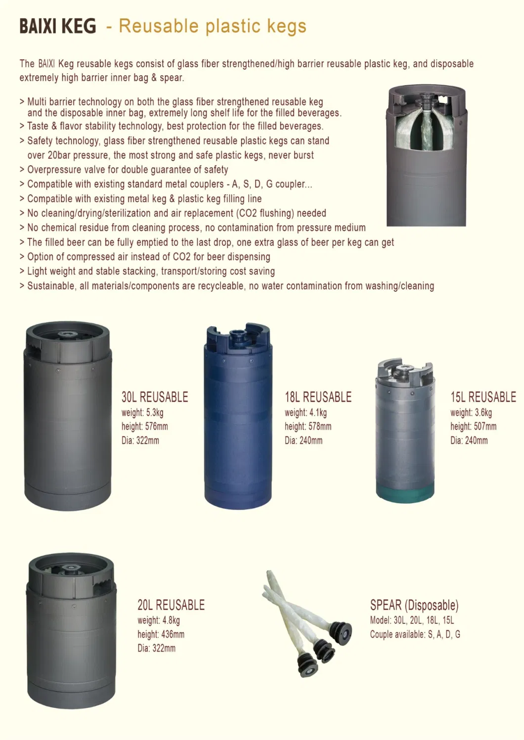 5L 15L 18L 20L 30L HDPE Plastic Beer Kegs with Plastic Spear/Inner Bags